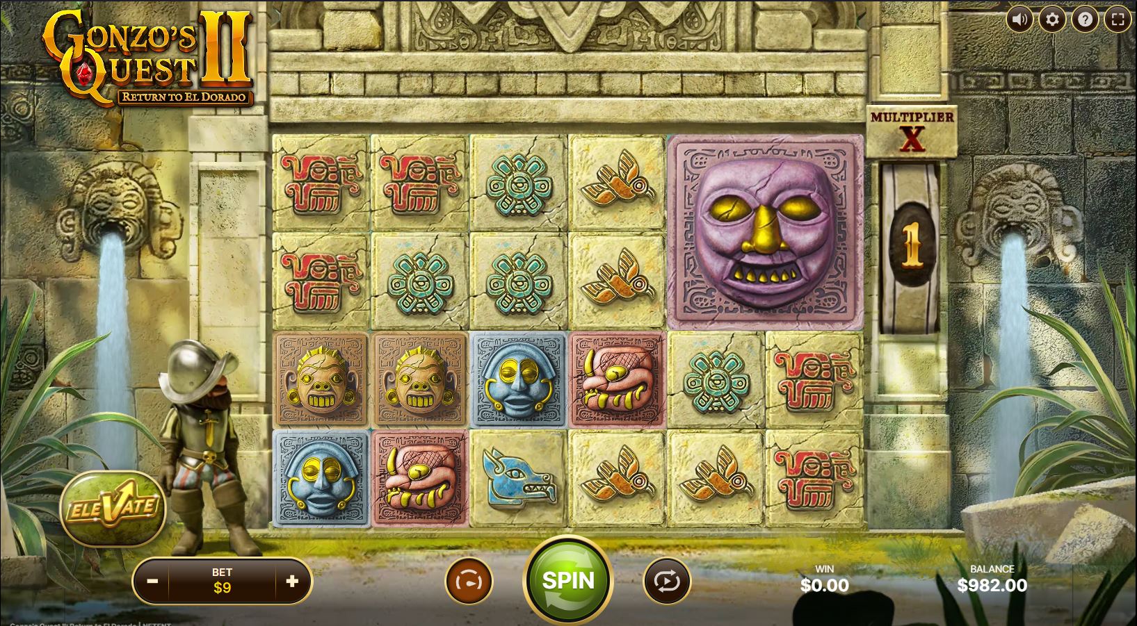 Gonzo's Quest 2 slot base game with 6x4 reels and Mayan symbols.
