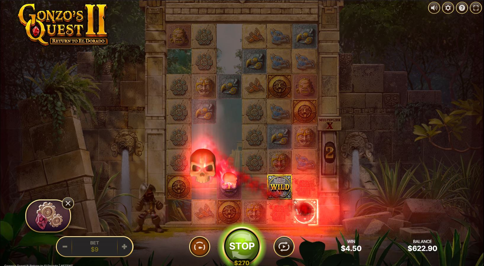 The Calamity Wild feature adds multiple random wilds to the Gonzo's Quest 2 slot grid.