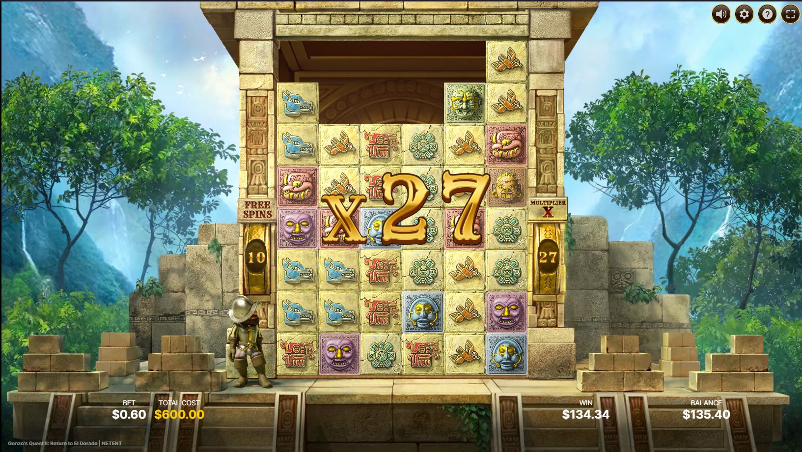 A high non-resetting multiplier during the Super Free Spins bonus in Gonzo's Quest 2.