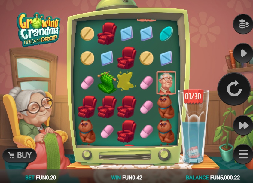 A screenshot of the Growing Grandma Dream Drop slot, showing its unique 5x5 game grid inside a TV and a special symbol collection meter on the right.