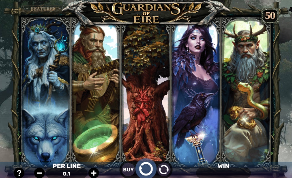 The main game screen of the Guardians of Eire slot, featuring 5 reels with highly detailed, stacked symbols of Celtic mythological characters.