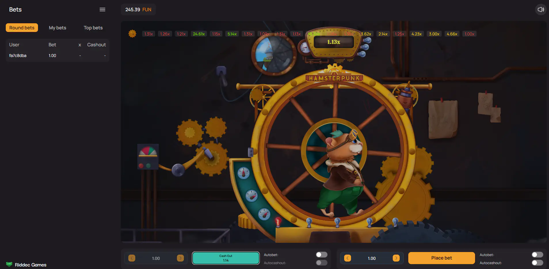 Active gameplay in Hamsterpunk Crash displaying a 1.31x multiplier, highlighting the real-time tension of the crash mechanic