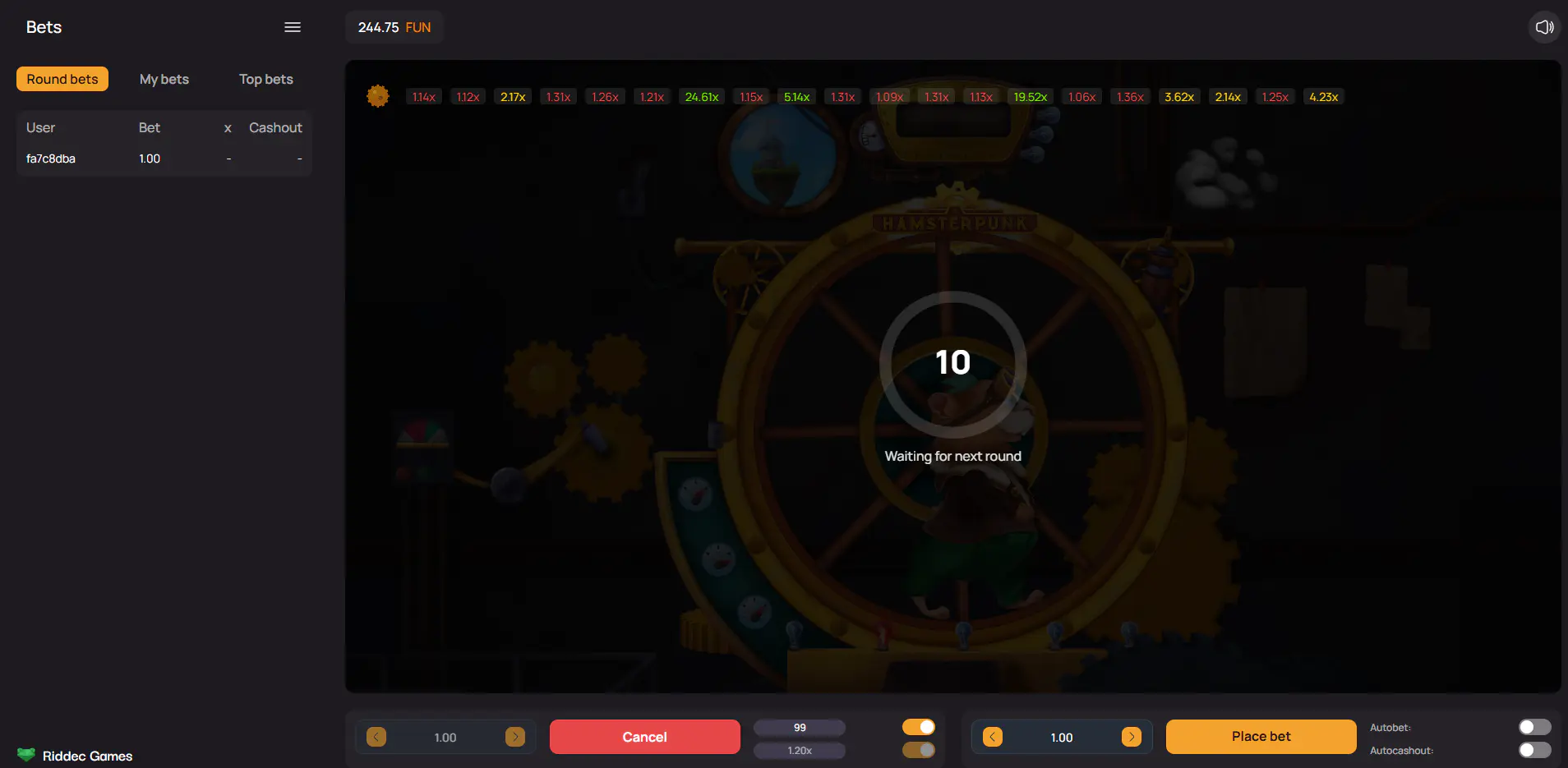 The waiting screen in Hamsterpunk Crash with a countdown timer, indicating the brief window available to place new bets