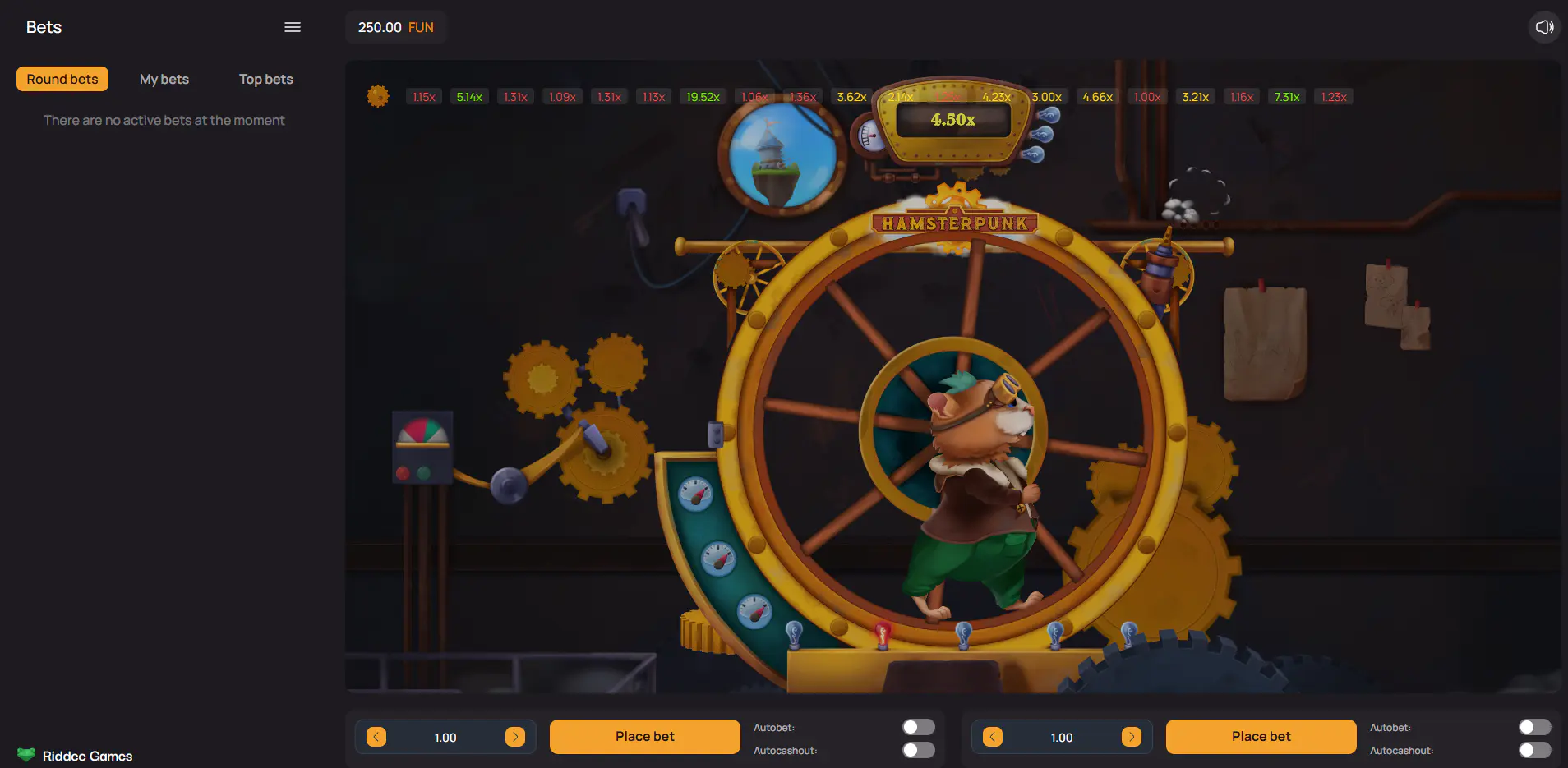 Hamsterpunk Crash main interface showing the steampunk wheel and dual betting panels, essential for setting up initial wagers