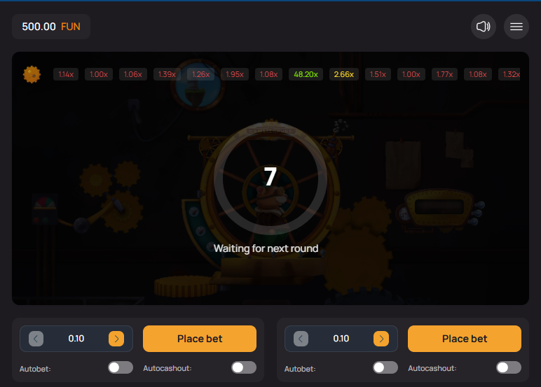 The start of a game round in Hamsterpunk with a low multiplier value.
