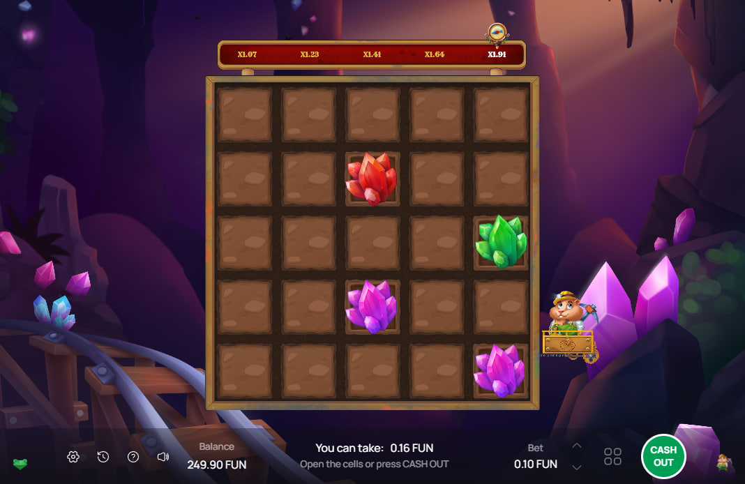 Gameplay of the Hamsterpunk Mines instant game, showcasing the 5x5 grid mechanic where players uncover gems to increase their win multiplier.