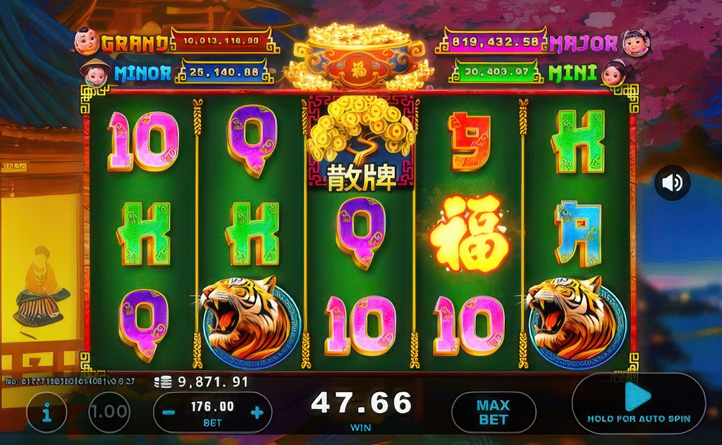 The main 5x3 grid of the Hao Yun slot, featuring an Asian luck theme with four progressive jackpots displayed above the reels.