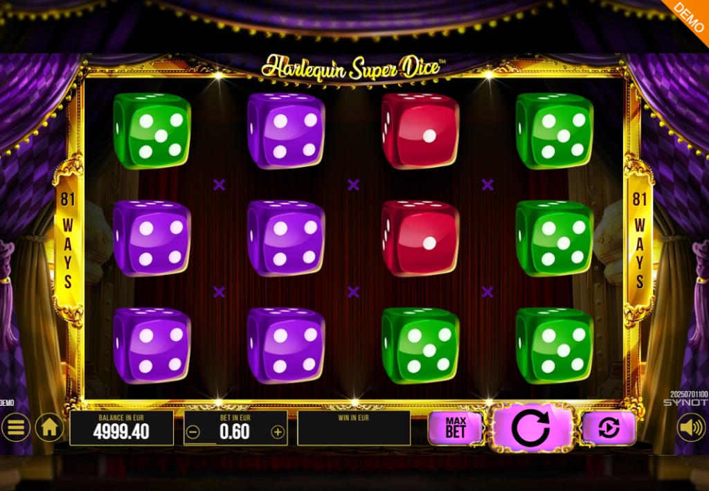 The main game screen of the Harlequin Super Dice slot, featuring a 4x3 reel grid with colorful dice symbols and an 81 ways to win pay system.
