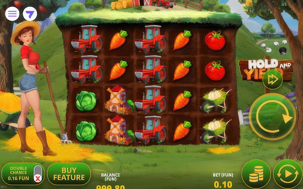 The main game screen of the Hold and Yield slot, featuring a 5x4 grid with farm-themed symbols and a female farmer character on the left.