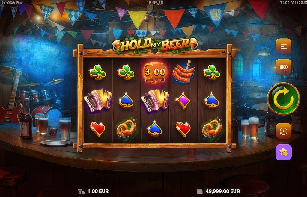 The 5x3 main game grid of the Hold My Beer slot, featuring a festive pub theme and a beer mug cash symbol on the center reel.