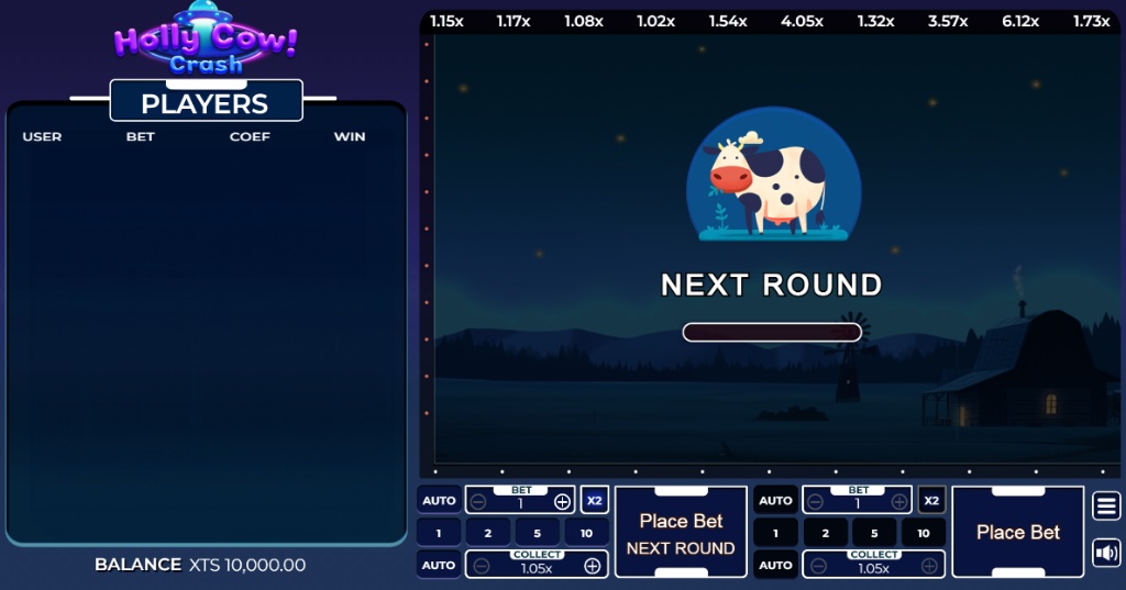 The user interface of the multiplayer Holly Cow Crash game, showing the main game screen, the player leaderboard, and the dual betting panels used to participate in a round.
