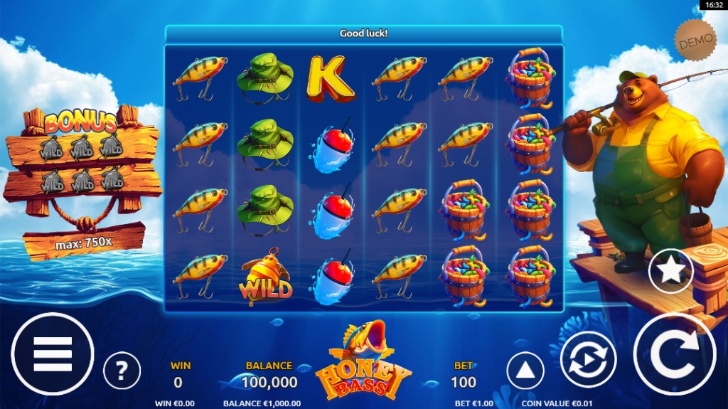 The main game screen for the Honey Bass slot, featuring a 5x4 reel grid with fishing symbols, a bear character, and the wild symbol collection meter for the bonus feature.