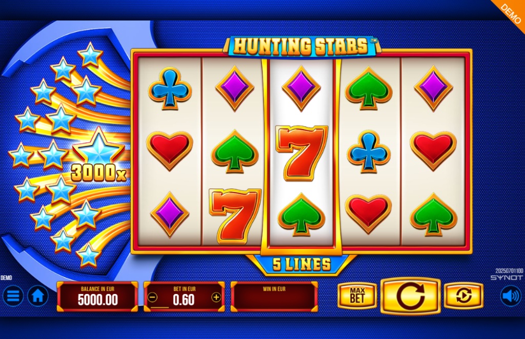 A screenshot of the Hunting Stars classic slot, showing its 5x3 reel layout with 5 paylines, traditional 7s and card suit symbols, and a 3000x top prize.