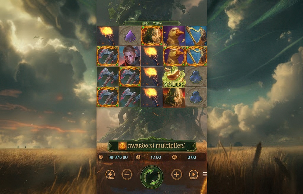 The mobile-optimized 5x4 grid of the Jack the Giant Hunter slot, which features 1024 ways to win and fantasy-themed symbols.