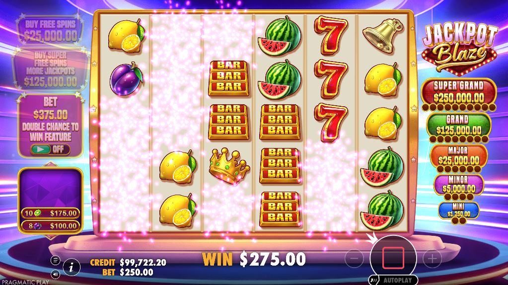 A winning combination disappears from the reels, demonstrating the Tumble Feature in Jackpot Blaze.