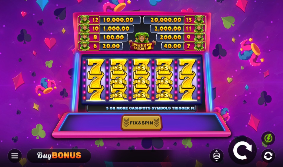 The game screen of the Joker Catcher 7s slot, highlighting the Cashpots prize ladder above the 5x3 reels and special features like 'Fix & Spin' and 'Buy Bonus'.