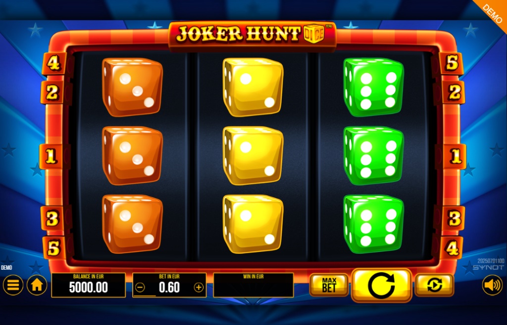 A screenshot of the Joker Hunt Dice classic slot, featuring its 3x3 reel layout with 5 paylines and colorful dice symbols.
