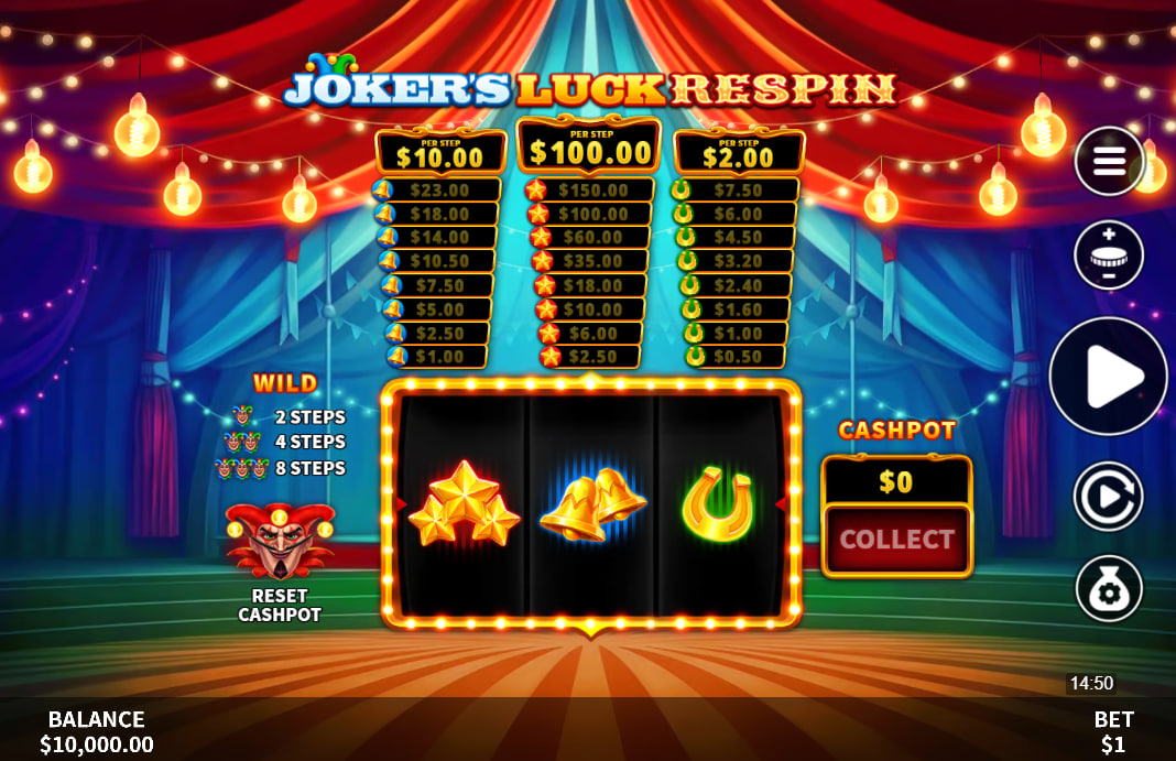 The unique game interface of Joker’s Luck Respin, showing its 3x1 reel structure and the three prize ladders that accumulate value.