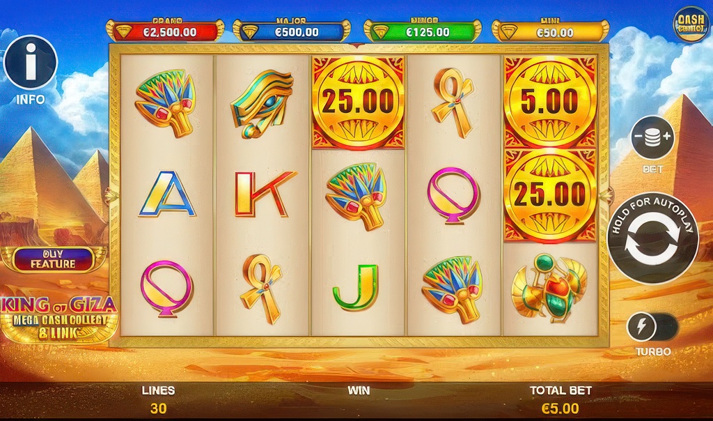 The King of Giza slot's 5x3 main grid, showcasing the Cash Collect coin symbols on the fifth reel and four fixed jackpots above.