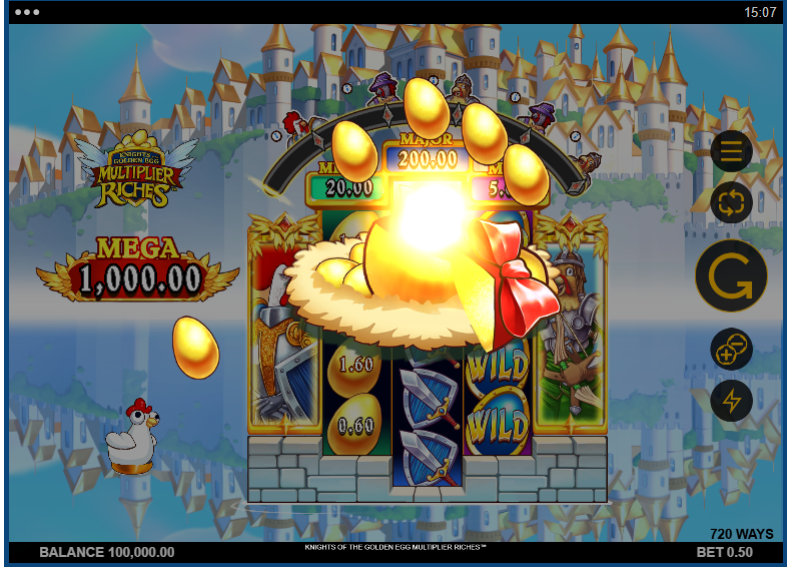 A close-up of the Archer Knight symbol activating the Archer feature in Knights of the Golden Egg, with targets appearing on the reels.