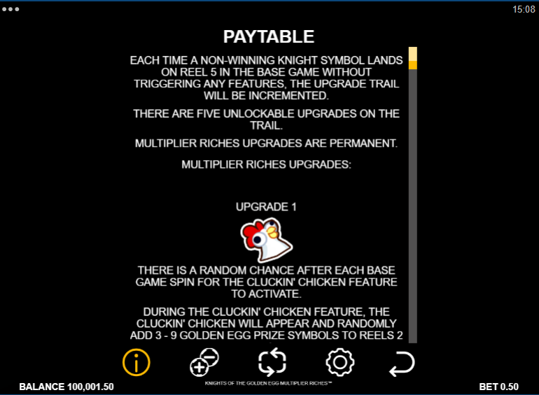 The paytable for Knights of the Golden Egg Multiplier Riches, detailing symbol values and winning combinations.
