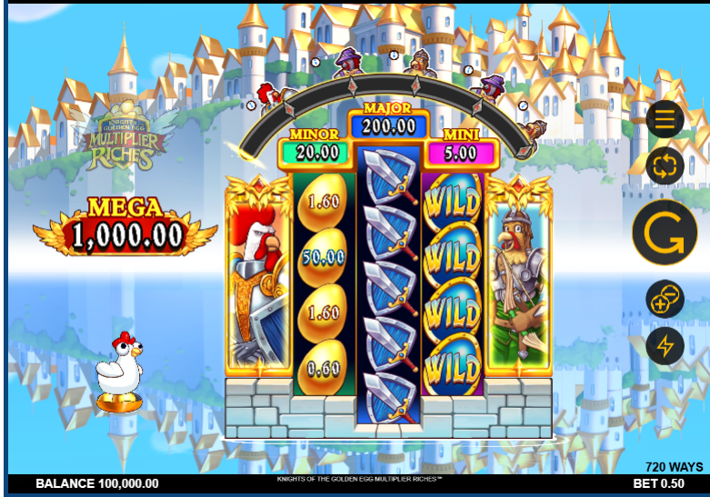 A screenshot of the Knights of the Golden Egg Multiplier Riches slot showing the main gameplay with its 5 reels and vibrant symbols.