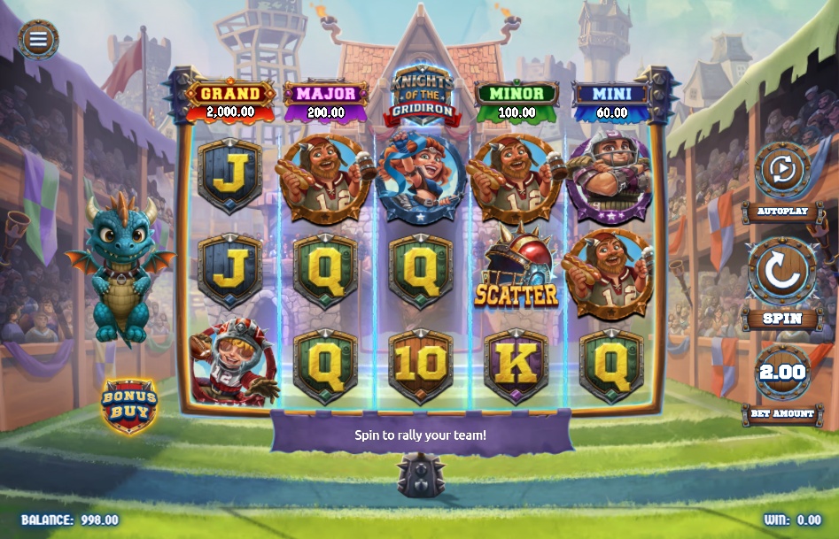 The 5x3 reel layout of the Knights of the Gridiron slot, set in a fantasy football stadium with character symbols, a scatter symbol, and four jackpots displayed at the top.