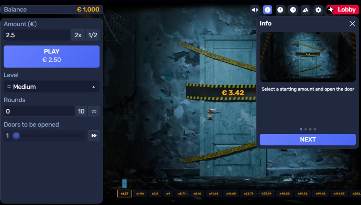 A screenshot of the "Knock Knock" arcade game, displaying the user interface for placing bets and the suspenseful horror-themed main screen.