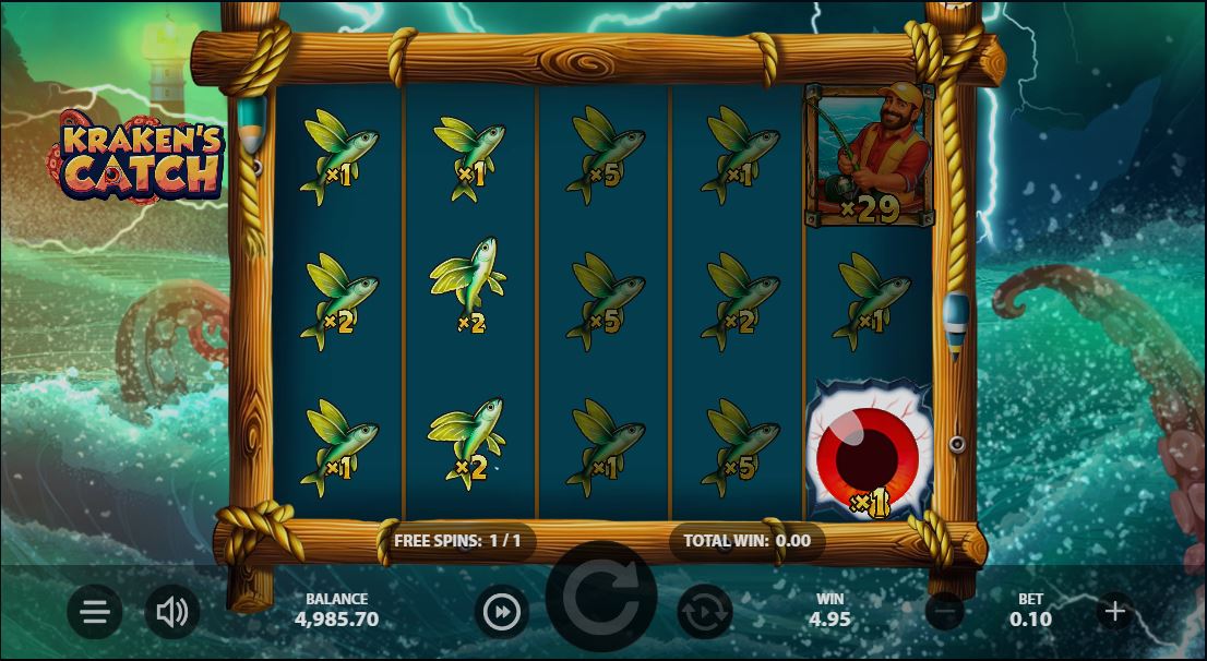 The Eye of the Deep bonus feature with a full grid of fish symbols and the collector Eye.