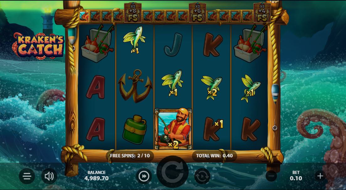 The Free Spins bonus round of Kraken's Catch with the multiplier progress bar active.