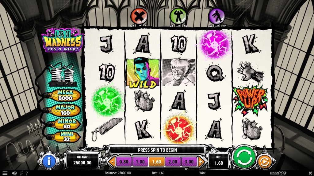 A screenshot of the Lab of Madness It's A-Wild slot, showing its 5x4 grid with a unique comic book art style, a Wild symbol, and four jackpots on the left.