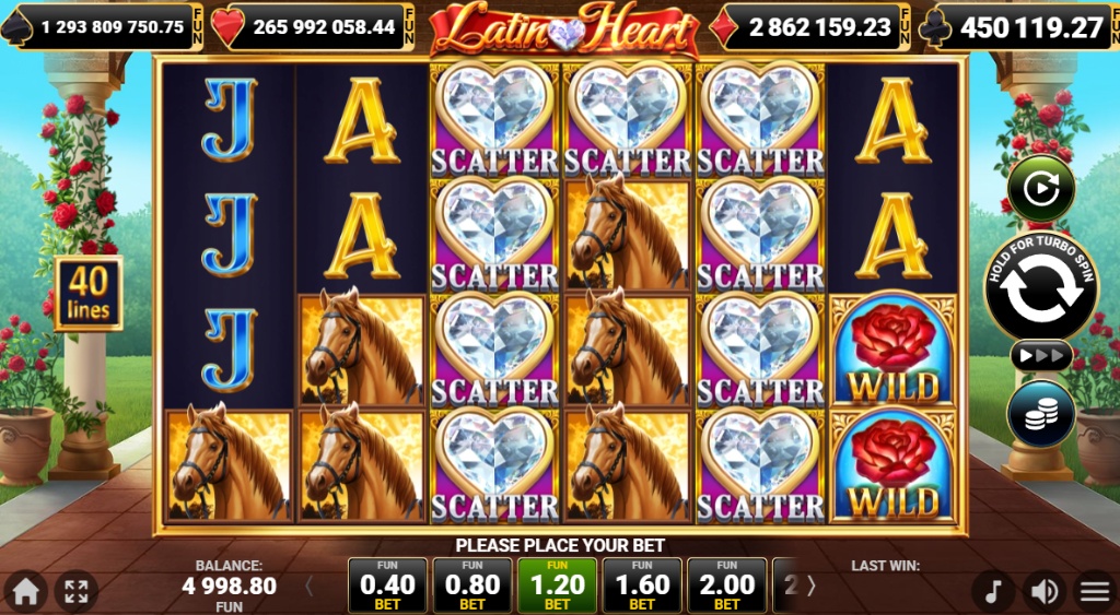 The 5x4 game grid of the Latin Heart slot, featuring stacked scatter symbols about to trigger a bonus, with four progressive jackpots displayed at the top.