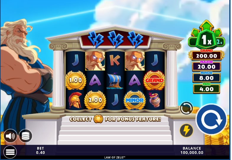 The 5x3 reel layout of the Law of Zeus slot game with Zeus observing from the side.