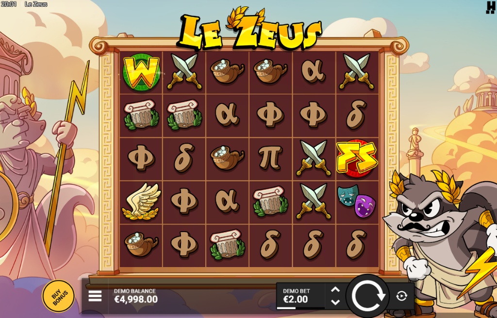 The 6x5 game grid of the Le Zeus slot, featuring a humorous cartoon take on Greek mythology with animal gods and themed symbols, plus a 'Buy Bonus' option.
