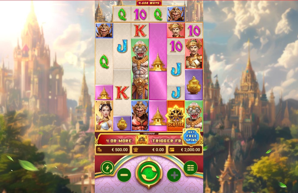 A mobile screenshot of the Legacy of Ramakien slot, showcasing its dynamic 'ways to win' reel system, Thai mythology-themed symbols, and a 'Buy Free Spins' feature.