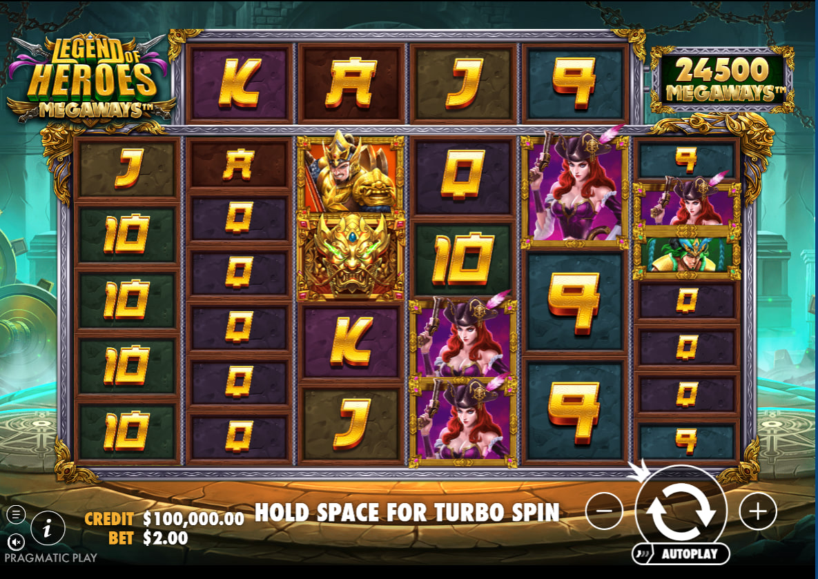 Shifting Megaways reel grid layout in Legend of Heroes slot showcasing active symbols and the separate top tracking row for players to analyze the board structure.