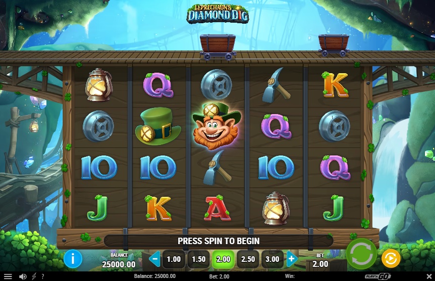 A screenshot of the Leprechaun's Diamond Dig slot machine, showing the 5x4 reel grid with its unique mix of Irish and mining-themed symbols.