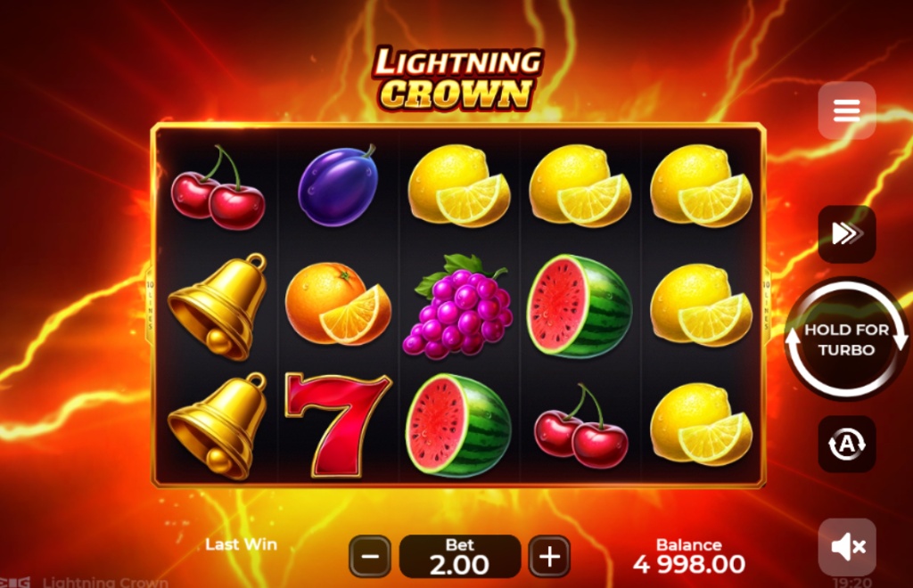 The 5x3 game grid of the Lightning Crown slot, featuring a variety of classic fruit, bell, and seven symbols against a dynamic lightning-themed background.