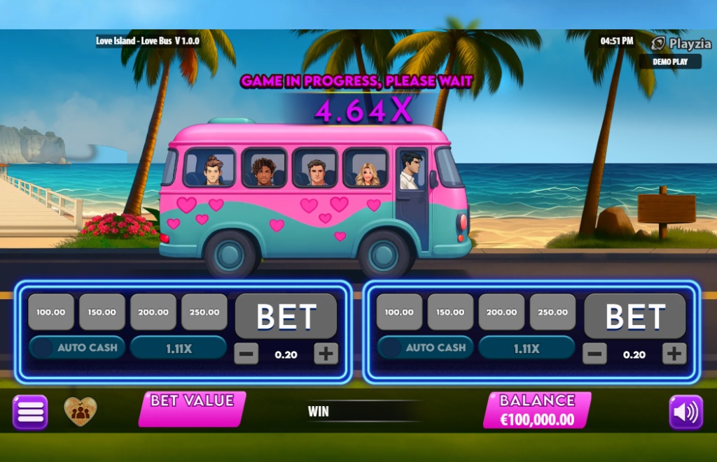 A screenshot of the "Love Island - Love Bus" crash game, showing the multiplier at 4.64x during an active round and the dual betting interface below.