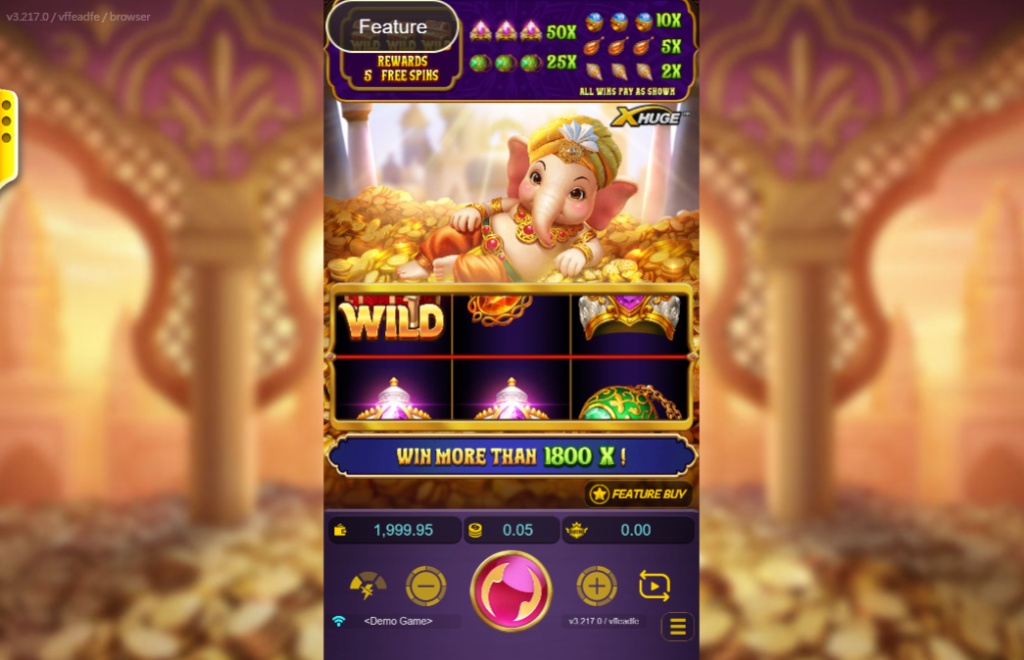 The main feature screen of the Lucky Elephant X-Huge slot, showcasing the Hindu deity Ganesha, the 3x3 grid with a Wild symbol, and a bonus meter with multipliers.