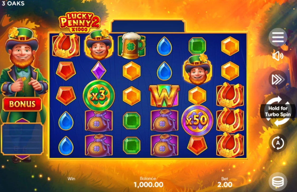 A screenshot of the Lucky Penny 2 slot game, featuring its 6x4 grid with Irish-themed symbols, a bonus meter, and special coin multiplier symbols.
