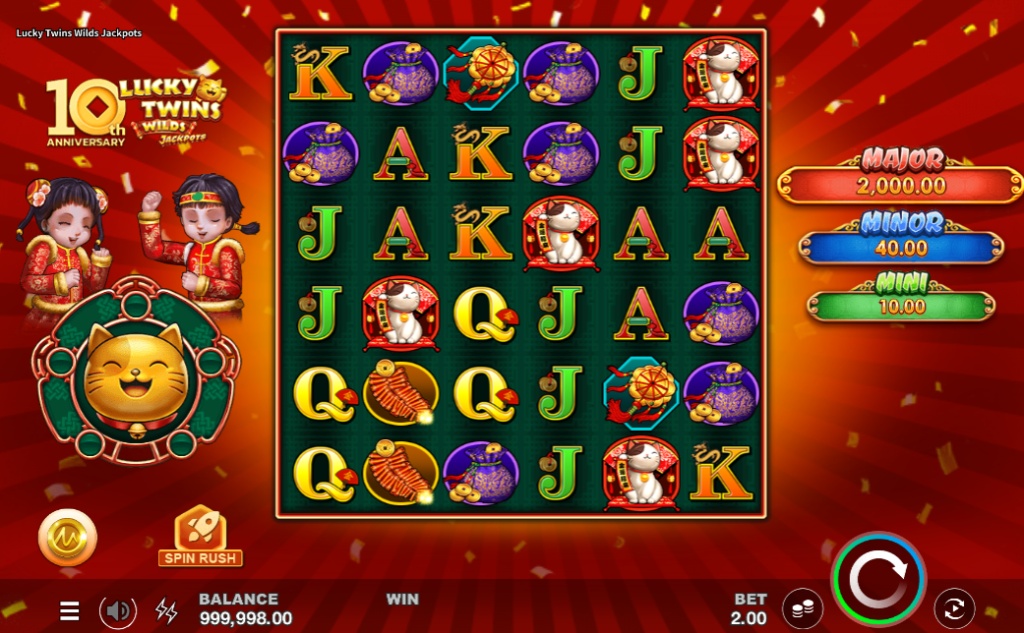 The main game screen of the Lucky Twins Wilds Jackpots slot, showing the 5x5 reel layout, Asian-themed symbols, and the three-tiered jackpot prizes.