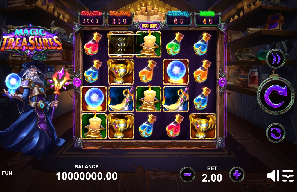 The 5x4 reel grid of the Magic Treasures slot, featuring a special top row with win multipliers.