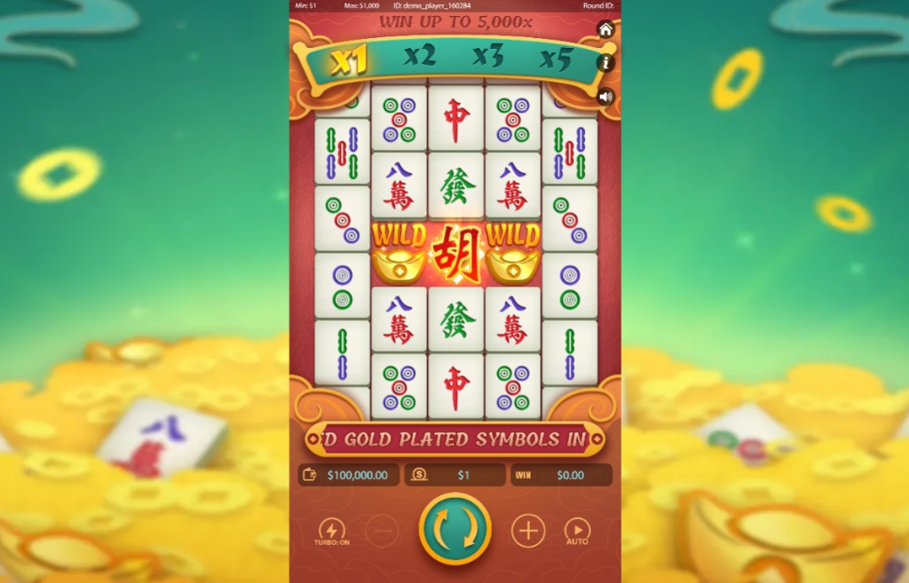 The five-reel layout of the Mahjong Dragon Ways slot highlighting its special Gold Plated Symbols and Wilds.