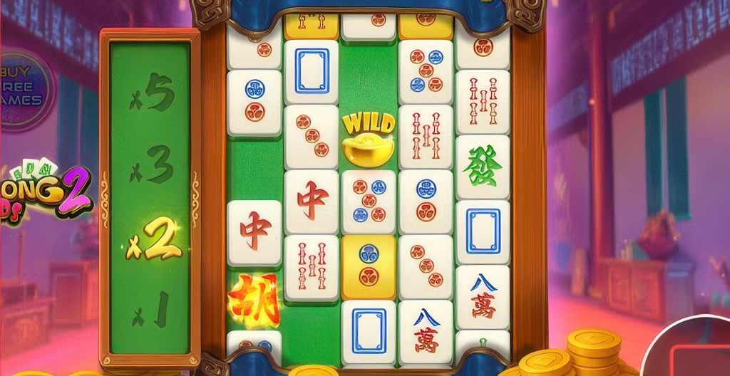 The main game grid of Mahjong Wilds 2, showcasing its mahjong tile symbols, a wild symbol, and a cascading win multiplier on the left.