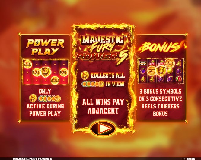The features overview screen for Majestic Fury Power 5, explaining the 'Power Play' and Bonus modes.