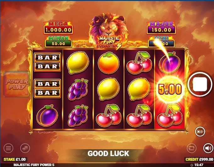 The main 5x3 game grid of the Majestic Fury Power 5 slot, featuring classic fruit symbols, a lion character, and four jackpots.