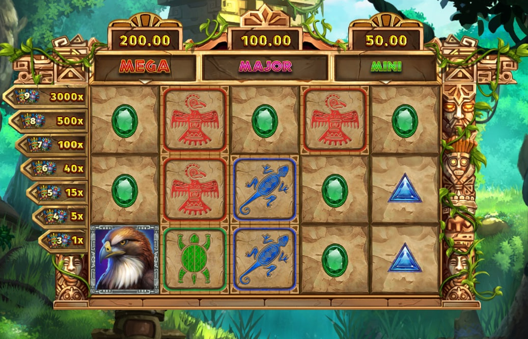A screenshot of the Masked Treasures slot, featuring its 5x3 grid with Aztec-themed symbols, a prize ladder on the left, and three fixed jackpots at the top.