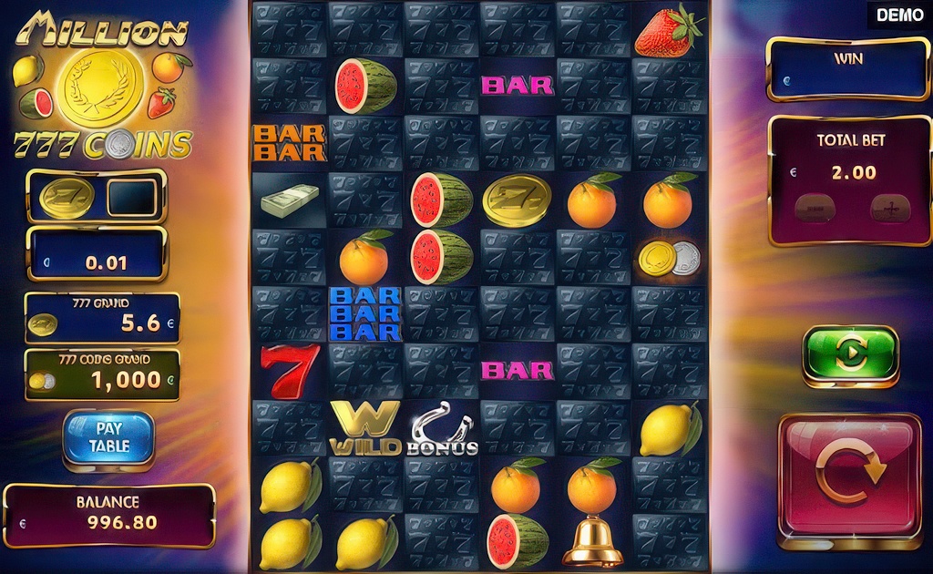 The main game screen of the Million 777 Coins slot, featuring its massive 6x10 grid with classic fruit symbols and a detailed prize panel.

