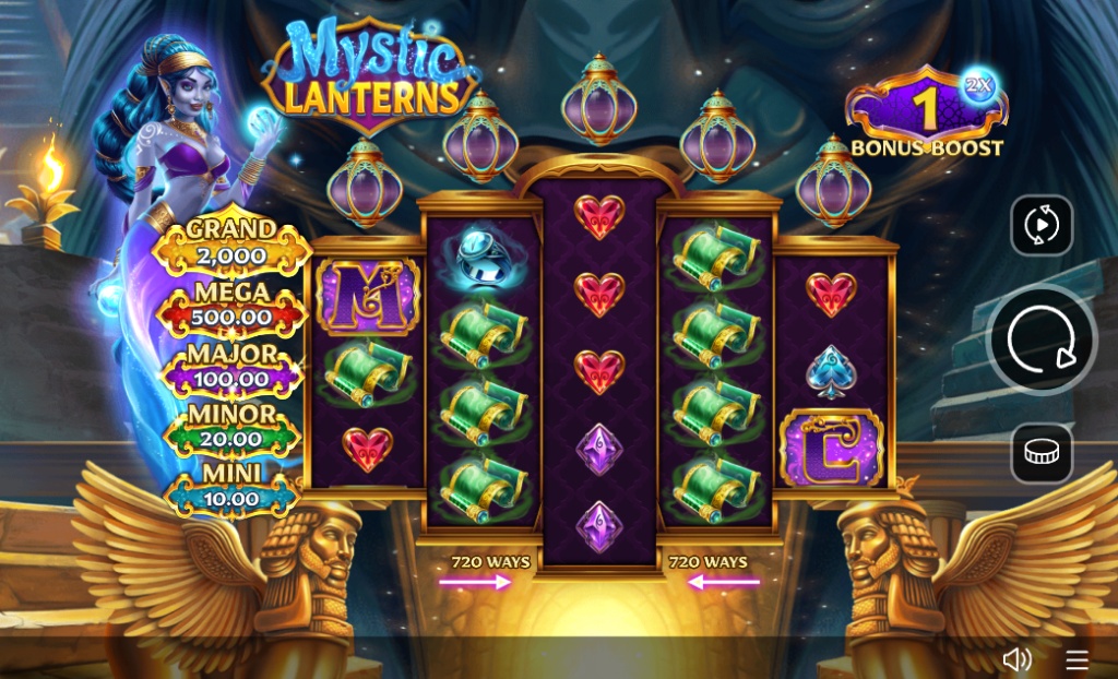 The main game screen of the Mystic Lanterns slot, which has a unique 3-4-5-4-3 reel structure with 720 ways to win and a five-tier jackpot system.